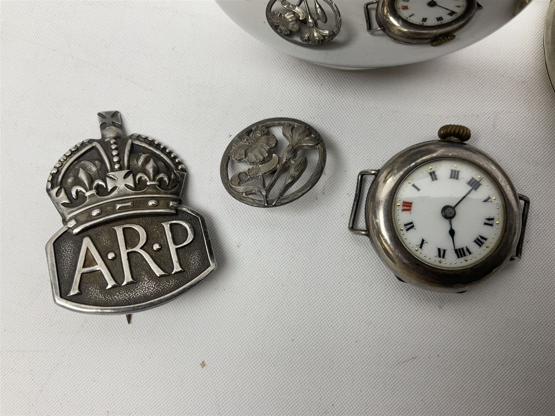 Pair of Georgian silver dress buttons, silver caddy spoon, silver fob medals, silver watches, set of six silver plated teaspoons, set of gilt buttons with ship design, etc