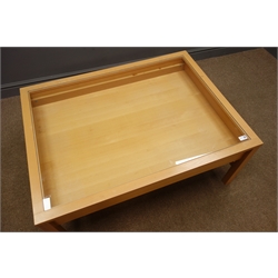  Pair ash coffee tables, glazed insert tops, single drawer, square supports, W78cm, H46cm, D104cm  