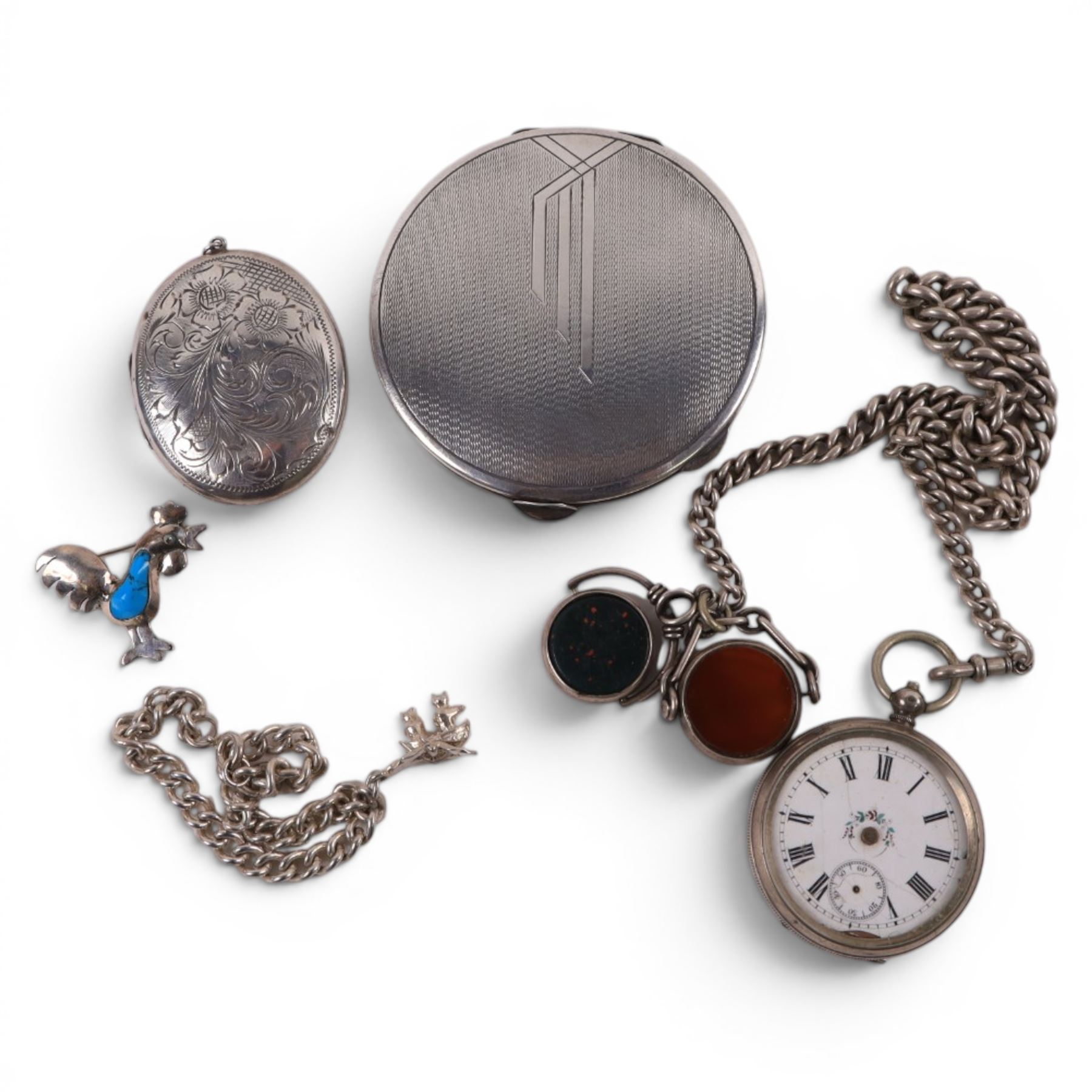 Art Deco silver cased compact mirror, hallmarked W I Broadway & Co, Birmingham 1934, together with Continental silver fob watch, chain, locket and cockerel brooch