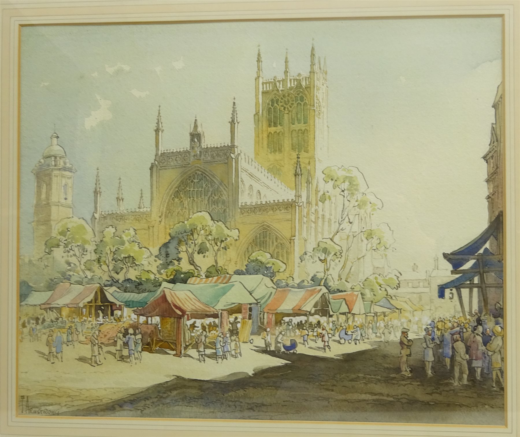 Frank Armstrong (British 1900-1966): 'Beverley Minster from Highgate Roofs' and Beverley Market, two watercolours signed, one titled on the mount 34cm x 41cm (2)