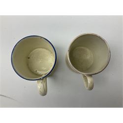  Early Victorian marriage mug for Thomas and Caroline Parkinson dated 11th Sept. 1845 Hull H8cm, similar christening mug for their daughter Hannah Matilda, blue/white transfer printed pot lid with base for Francis Earle, Pharmaceutical Chemist, 22 Market Place, Hull with central study of Holy Trinity Church and clay pipe, the bowl as man's head (4)  