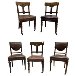 Set three 19th century walnut chairs, the cresting rails carved with floral roundels, and pair 19th century oak boardroom chairs, upholstered in brown leather with stud work (5)