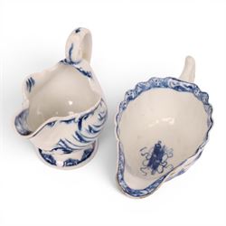 Derby blue and white dolphin ewer cream boat, circa 17750, H8cm, together with a Bow blue and white cream boat, decorated in the Desirable Residence pattern, circa 1760, L11.5cm