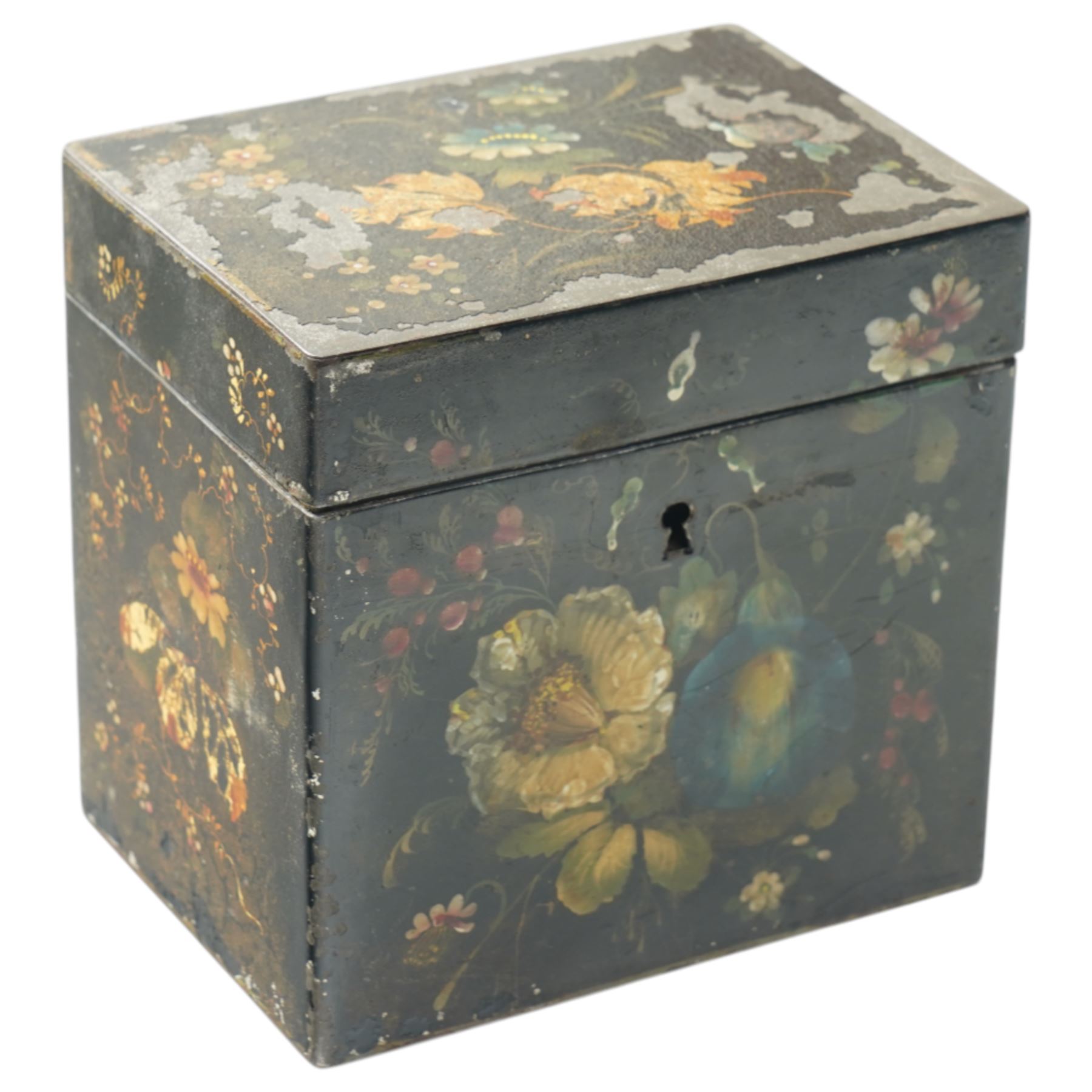 Late Regency period toleware tea caddy with painted floral decoration heightened with gilt, with two compartments, H12.5cm