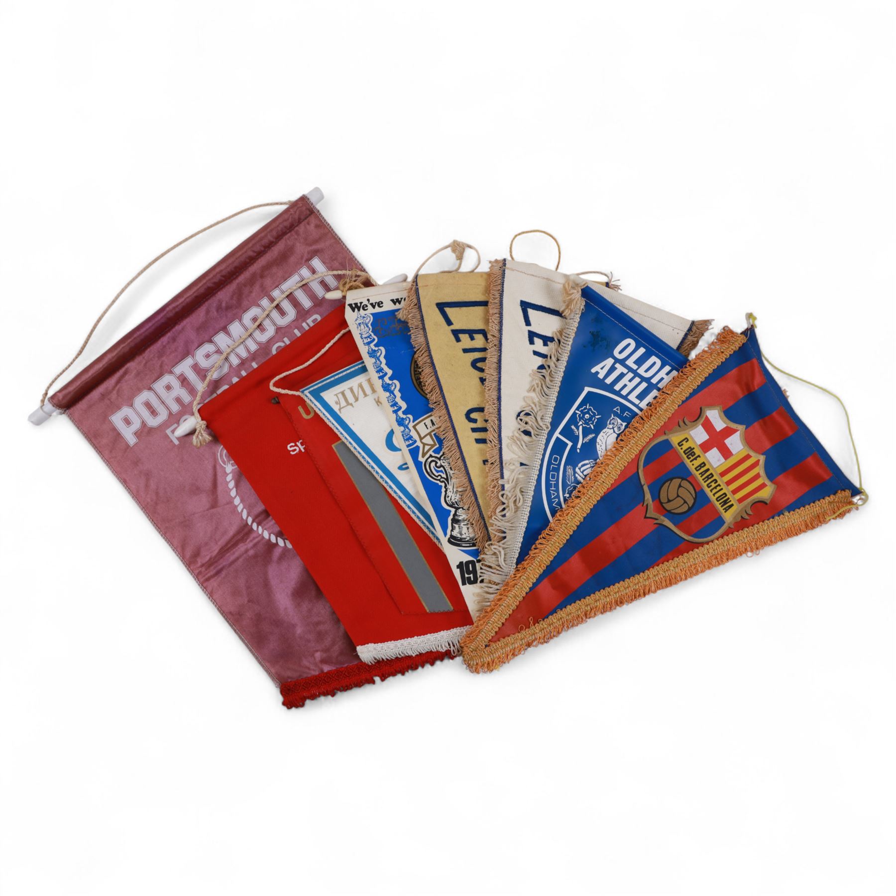 Eight football pennant flags, including Chelsea FA Cup Winners 1970, C.deF.Barcelona and two Leicester City examples, from the estate of Colin Appleton