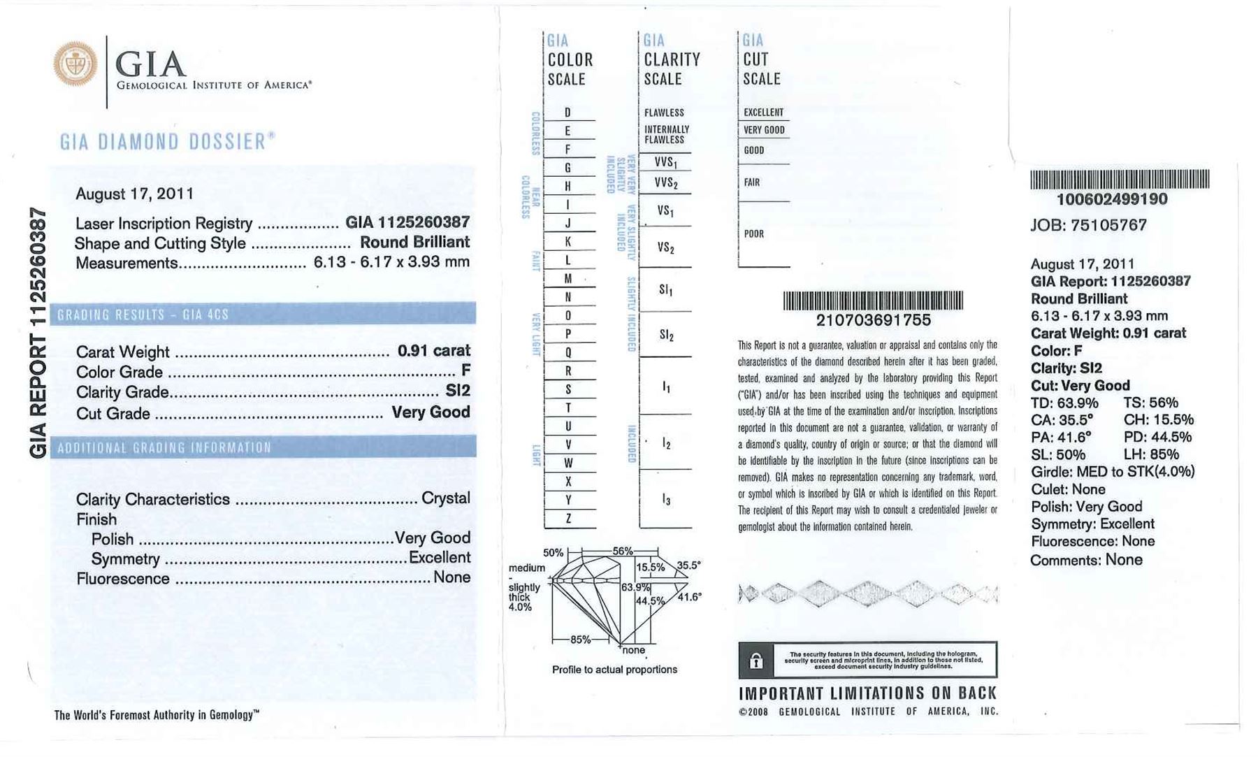 Platinum diamond ring, single stone round brilliant cut diamond of 0.91 carat, in a four claw setting, hallmarked, with GIA report, colour F, clarity SI2