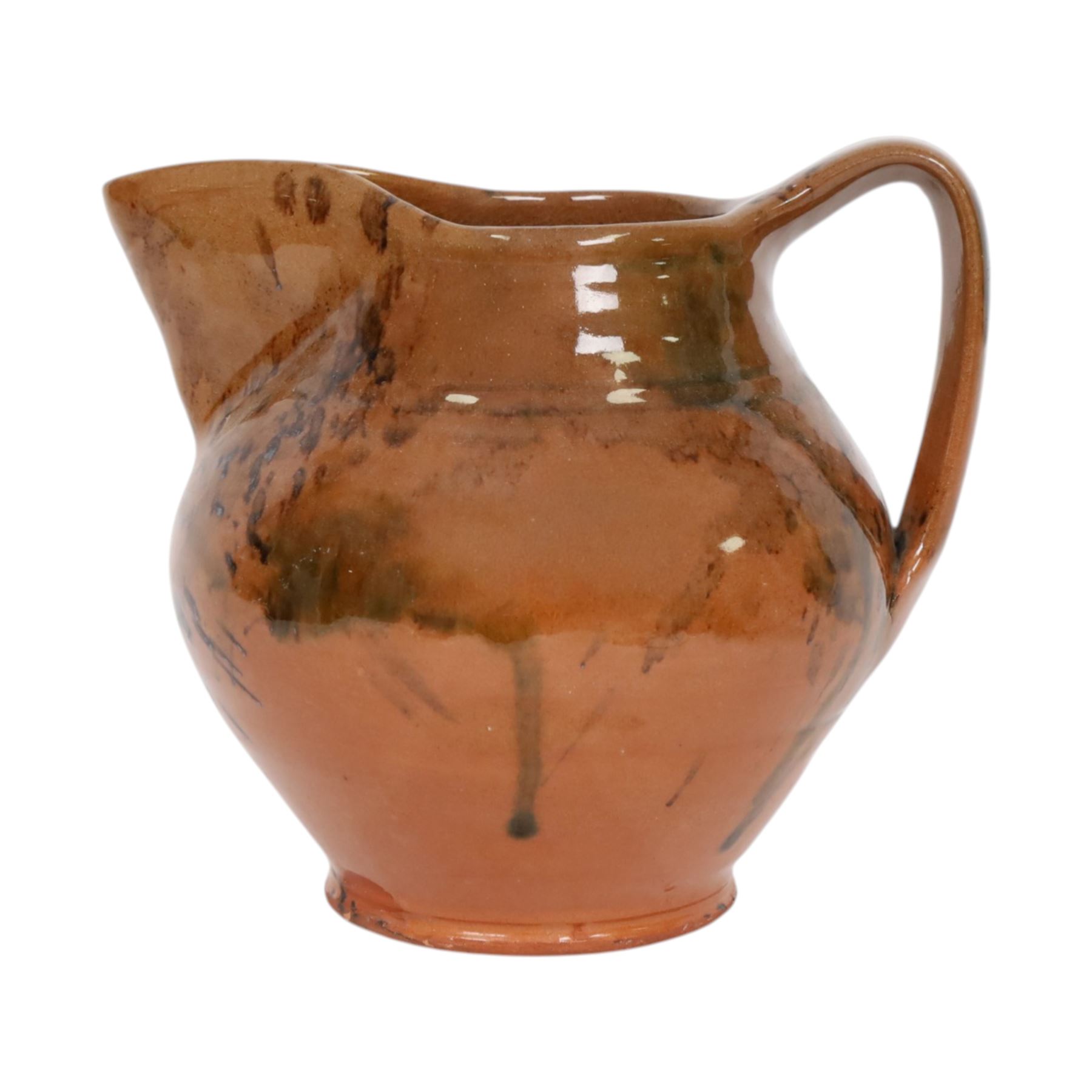 David Garland (b.1941) jug, dark brown glaze with splashes of green and black, signed beneath, H16cm