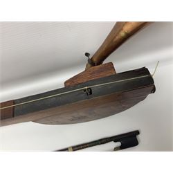 Fruitwood and elm single string phono fiddle with long neck and copper horn L76cm; and a violin bow (2)