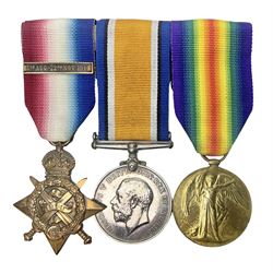 WW1 1914 “Mons Bar” medal trio comprising British War Medal, 1914 star with copy '5th Aug – 22nd Nov 1914' bar and Victory Medal awarded to M1-5988 Pte. A.H. Bottrill A.S.C.; with ribbons