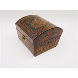 Early 19th century penwork sewing box, the domed cover with twin handles decorated with landscape panel, within various foliate and stylised borders, upon four compressed bun feet, H13cm W17.5cm D17cm