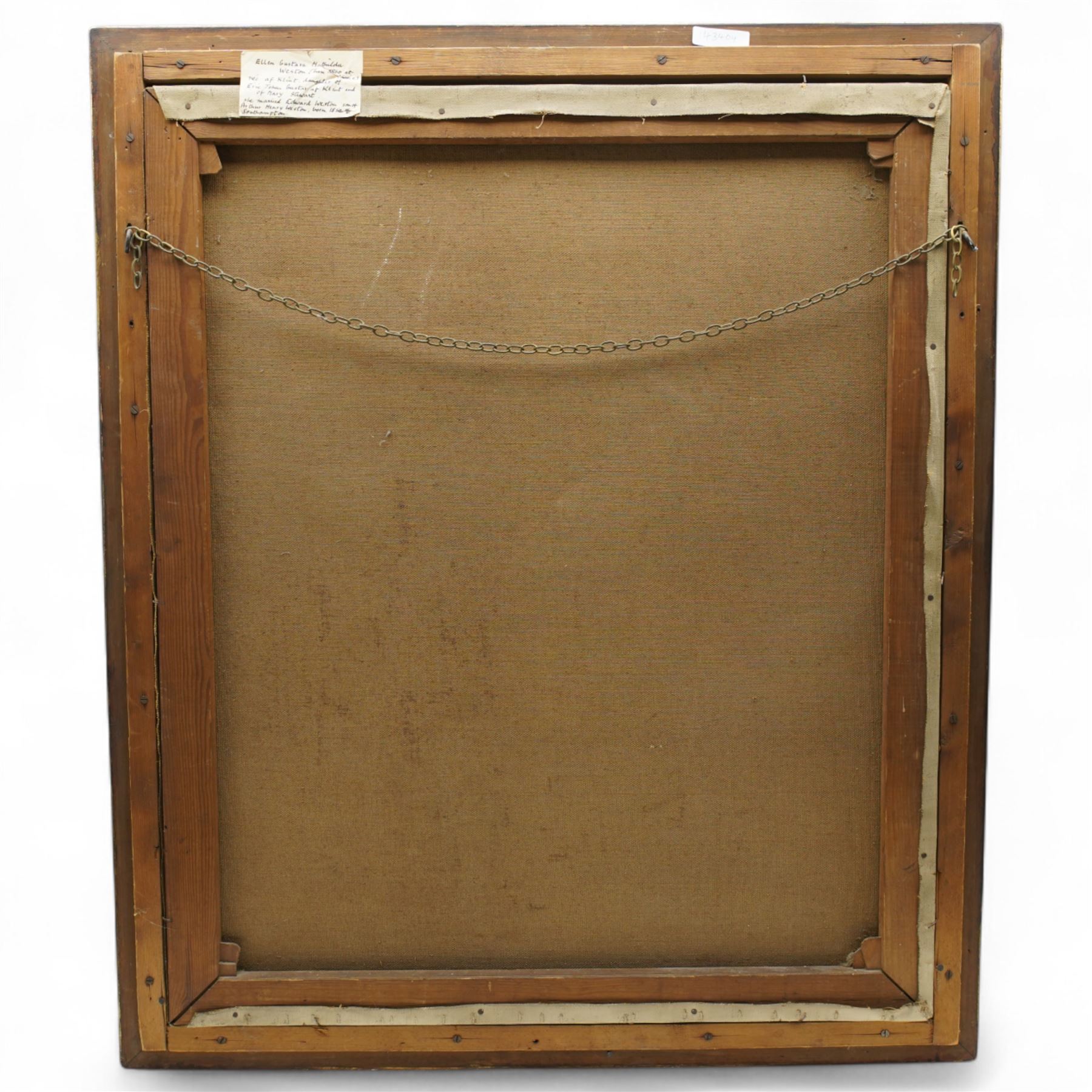 European School (Early 20th century): Half-Length Seated Portrait of Ellen Gustava Mathilda Weston (née af Klint) (Swedish 1860-?) wearing a Tiara and Gown, oil on canvas signed and dated 1915, labelled verso 90cm x 74cm
Notes: label verso reads: 'Ellen Gustava Mathilda Weston (born 1860 at Tunaberg) née af Klint, daughter of Eric Johan Gustaf af Klint and of Mary Stewart. She married Edward Weston, son of Arthur Henry Weston, born 1850 of Southampton.' The af Klint name is notably associated with the Swedish nobility and cultural legacy, including the abstract artist Hilma af Klint.