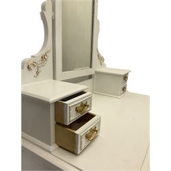 Early 20th century painted bedroom suite, with carved and gilt detail - wardrobe enclosed by mirrored door and fitted with drawer (W98cm, H218cm, D50cm), dressing chest with raised mirror and drawers, fitted with three long drawers (W85cm, H160cm, D47cm),  and matching double 4' 6'' headboard