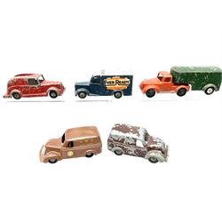 Timpo Toys - six unboxed and playworn die-cast commercial vehicles comprising Ever Ready van; friction-drive GWR Parcel Traffic van; Victor van; low-loader; furniture van; and Fire-Engine (lacking ladders) (6)