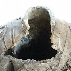 Two near life-size terracotta warrior figures, modelled in the style of the Qin dynasty soldiers, each kneeling with one arm raised, wearing detailed armour and tunics, one example partially damaged and lacking sections