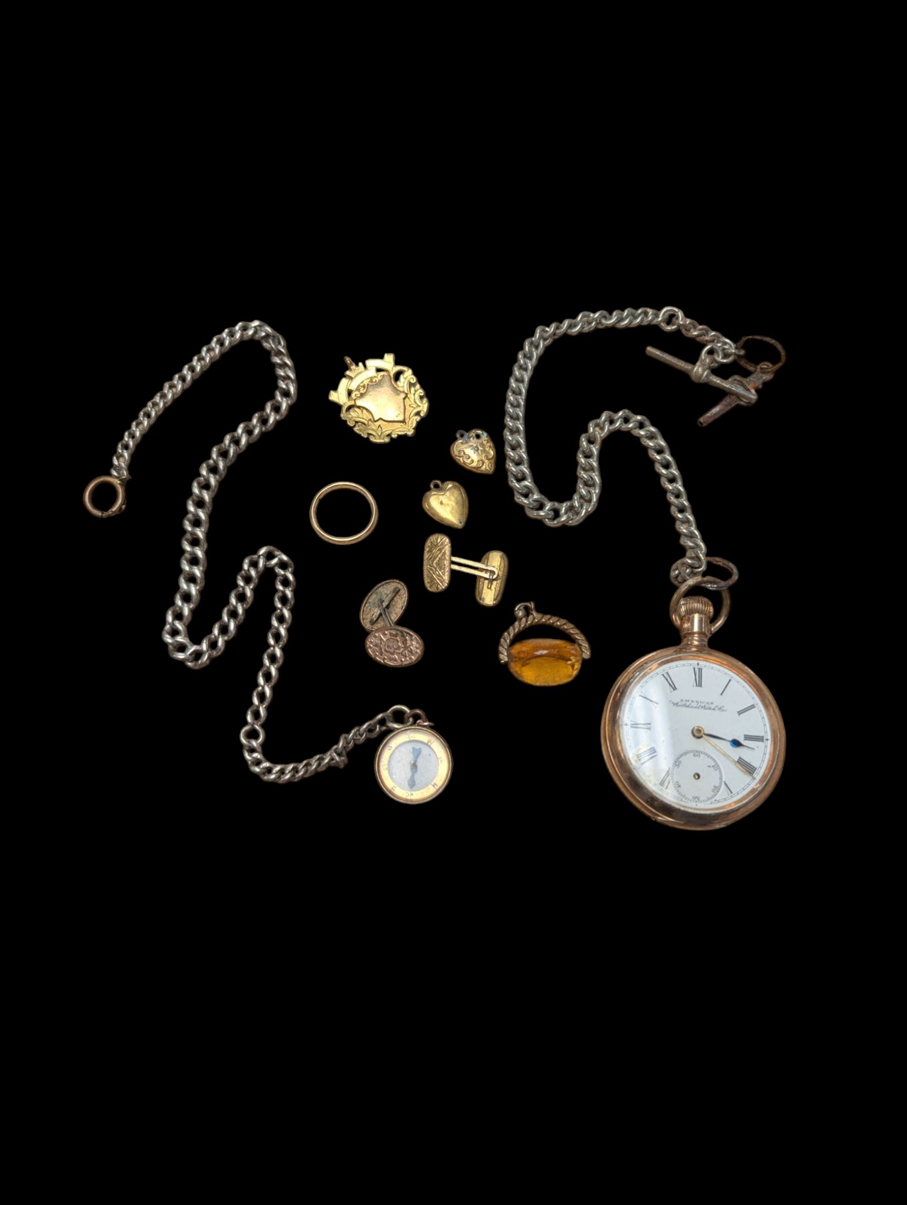 9ct gold mounted compass charm and a 9ct gold wedding band, hallmarked, together with a gold plated American Waltham Watch Co pocket watch, a silver watch chain and other gilt metal jewellery