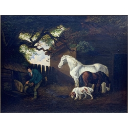 English School (19th century):  Feeding Pigs with Horses and Dog, oil on canvas unsigned 58cm x 75cm 