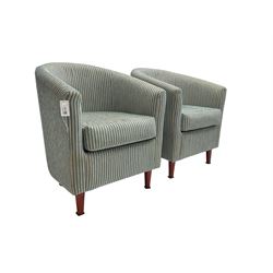 Pair tub armchairs, upholstered in blue striped fabric, raised on tapering supports