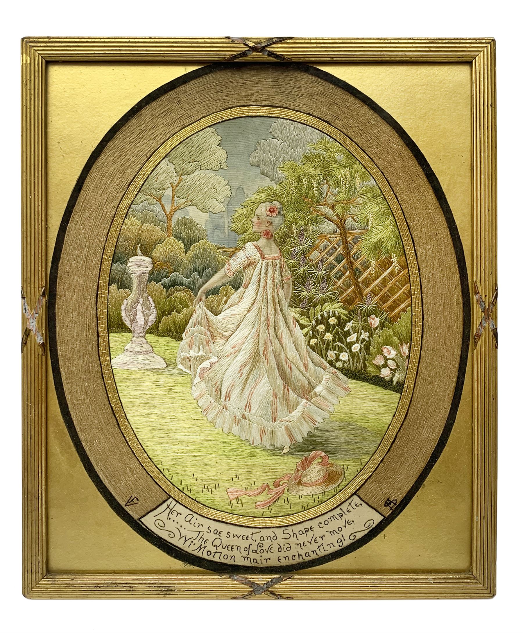 George III silkwork picture, of oval form depicting a female figure in garden setting, within a silkwork border detailed with verse from Robert Burns Bonnie Peg, 'Her air sae sweet, and shape complete, The Queen of Love did never move, Wi' Motion mair enchanting!', and monograms 'FV' and 'SM', in reeded gilt frame and gilt mount, indistinctly inscribed in pencil verso, overall H36cm L30.5cm