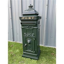 Aluminium classical post/mail box, post horn and lion-mask detail, green finish, with keys - THIS LOT IS TO BE COLLECTED BY APPOINTMENT FROM DUGGLEBY STORAGE, GREAT HILL, EASTFIELD, SCARBOROUGH, YO11 3TX