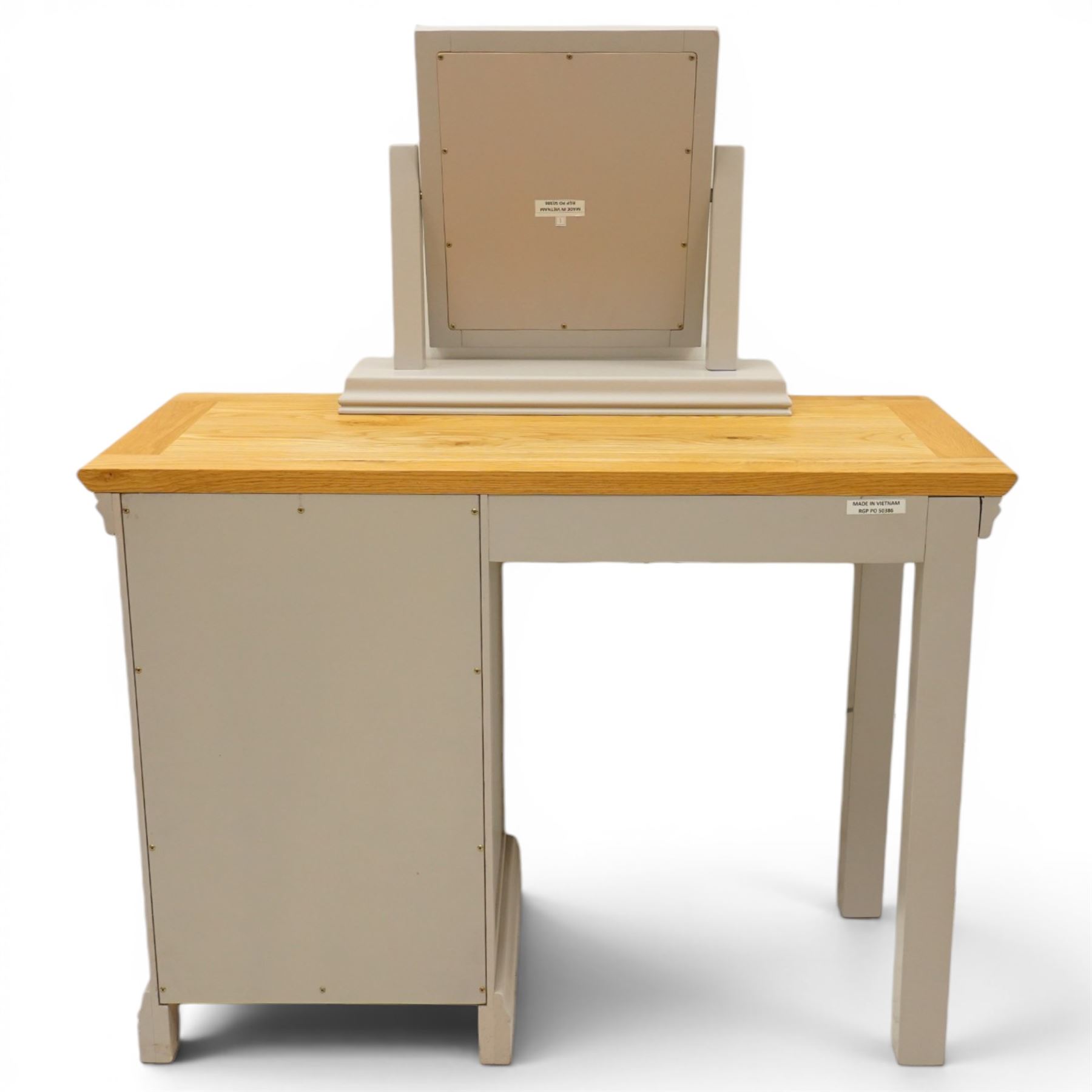 Modern bedroom suite comprising; a dresser, blanket box, bedside table, oak tops over a pale blue with wooden turned knobs

Dresser (H 77cm, D 48cm, W 107cm)
Blanket box (H 51cm, D 48cm W 91cm)
Bedside table (H 64cm, D 39cm, W 54cm)