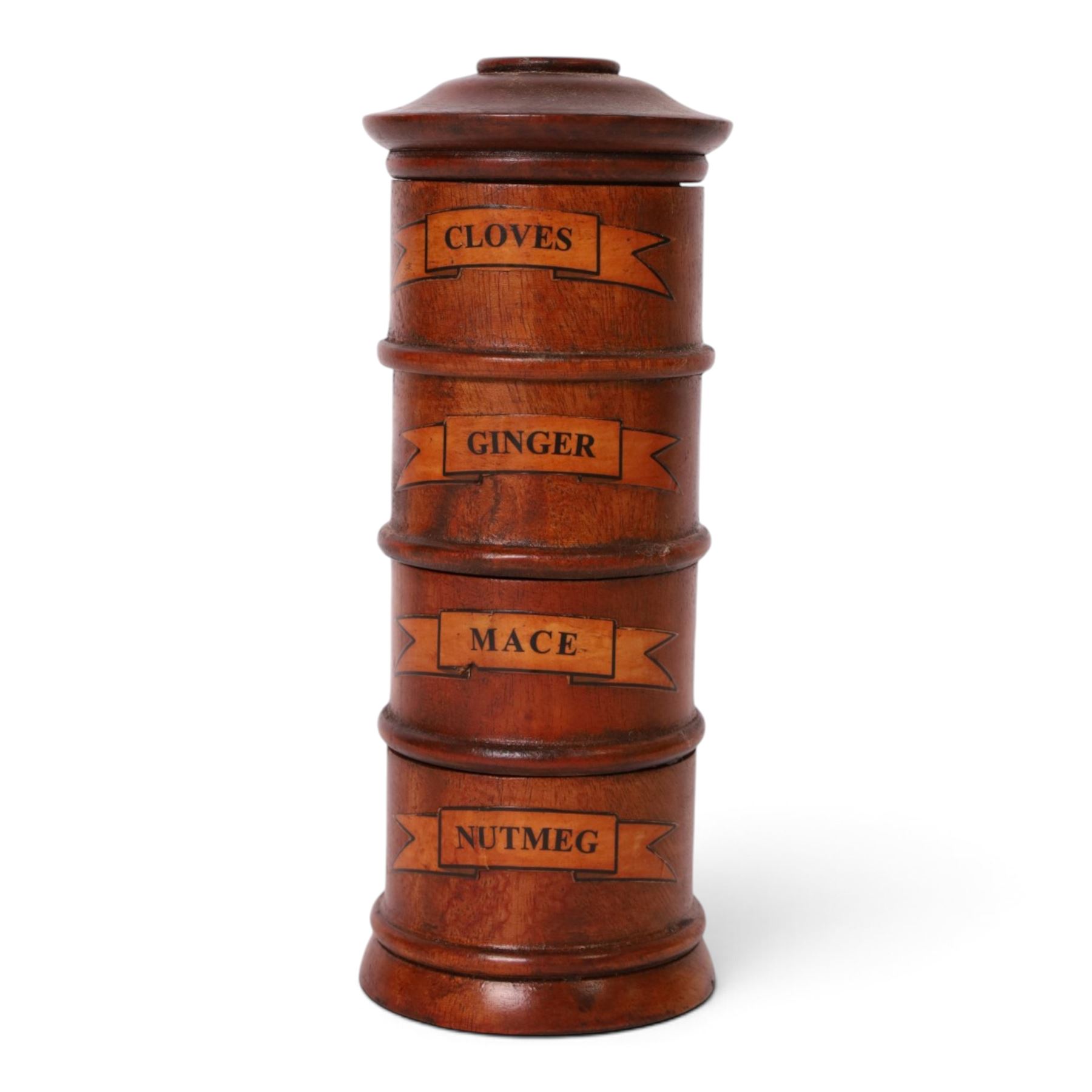 19th century style wooden spice tower, with four labelled compartments, H20cm