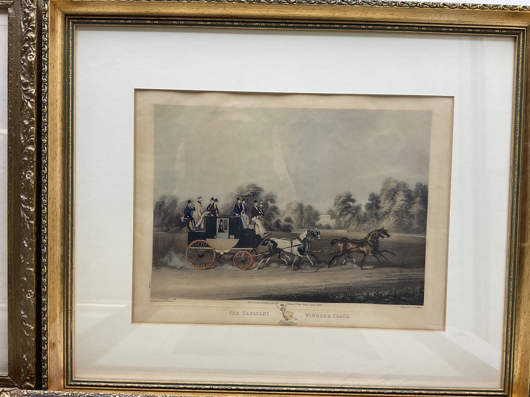 After James Pollard (British 1792-1862): 'The Taglioni Windsor Coach'; 'Royal Mail Coach'; 'The Royal Mails Preparing to Start' and 'The Unicorn Norwich Coach', set four 19th coloured engravings pub. 1824-1837 max 43cm x 59cm (4)