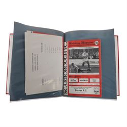 Comprehensive collection of approximately one hundred and seventy Scarborough FC football programmes for the 1990/91, 1991/92 and 1992/93  seasons, all filed within six dedicated Scarborough FC red Home and Away binders