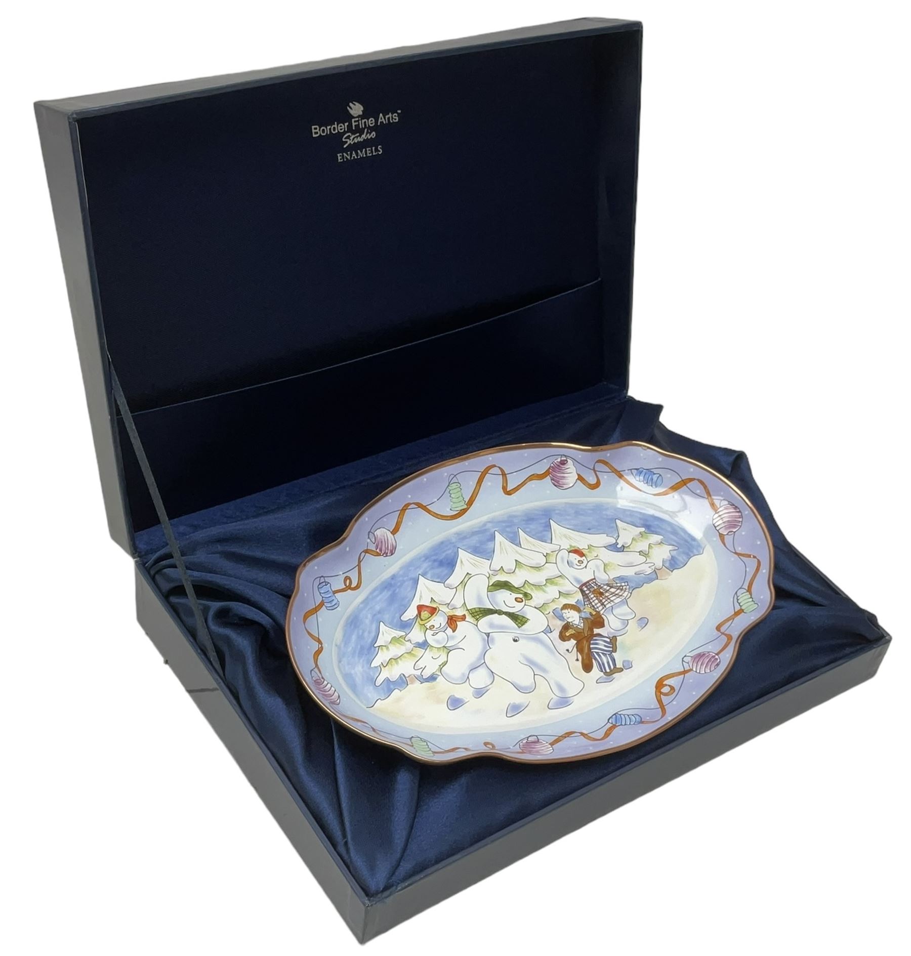 Two Beswick figures, composing The Snowman and Father Christmas, together with Border Fine Arts Enamel dish depicting a scene from The Snowman A3995, all in original boxes 