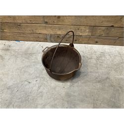 3 cauldron set pots with 2 terracotta chimney pots, 1 terracotta crock, metal bucket and small cast iron shelf 