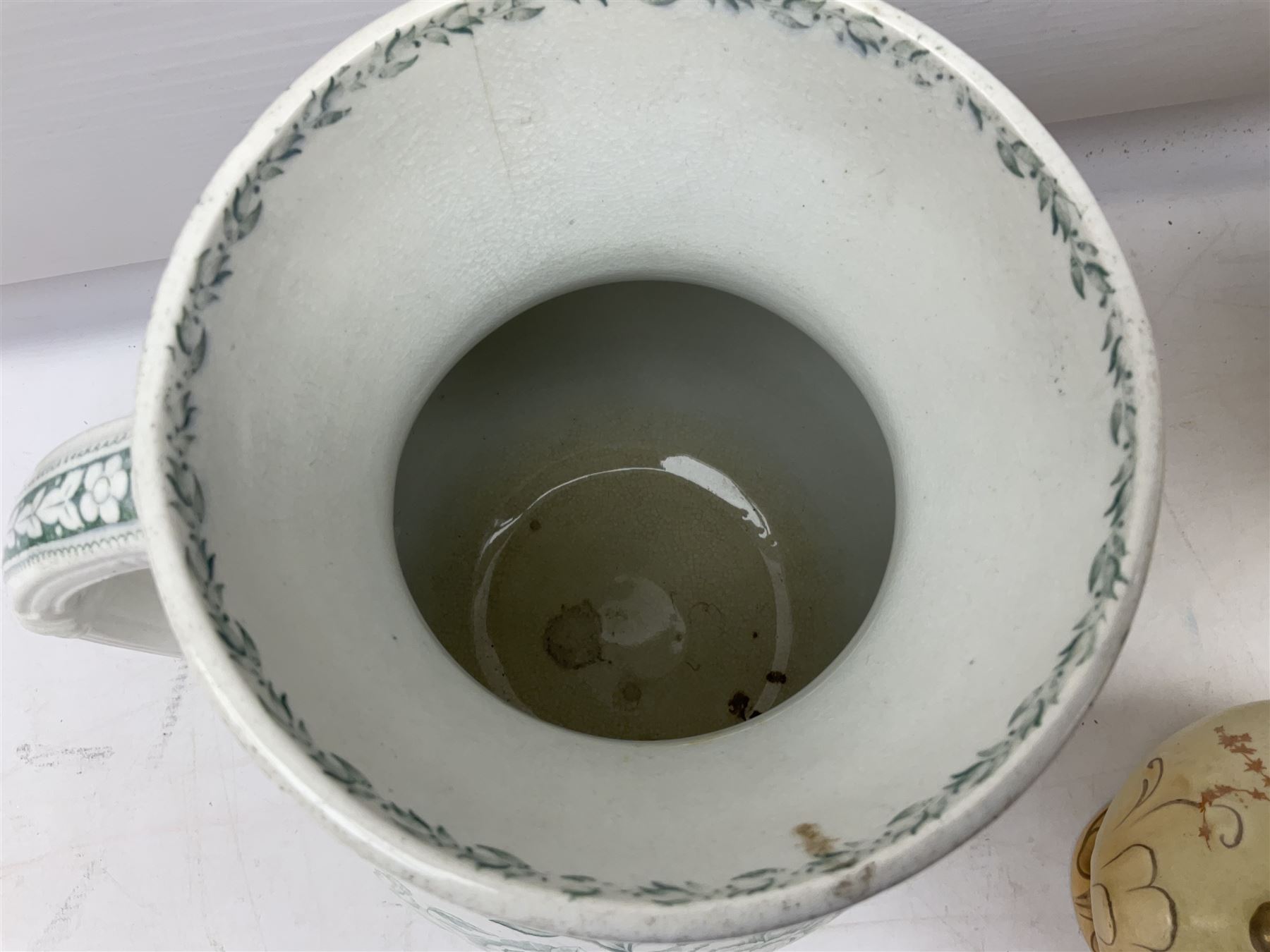 Fieldings Crown Devon Windsor pattern wash jug and bowl, together with two blush ivory ewers and other Victorian ceramics to include twin handled vase of flattened form and jug, tallest H36cm