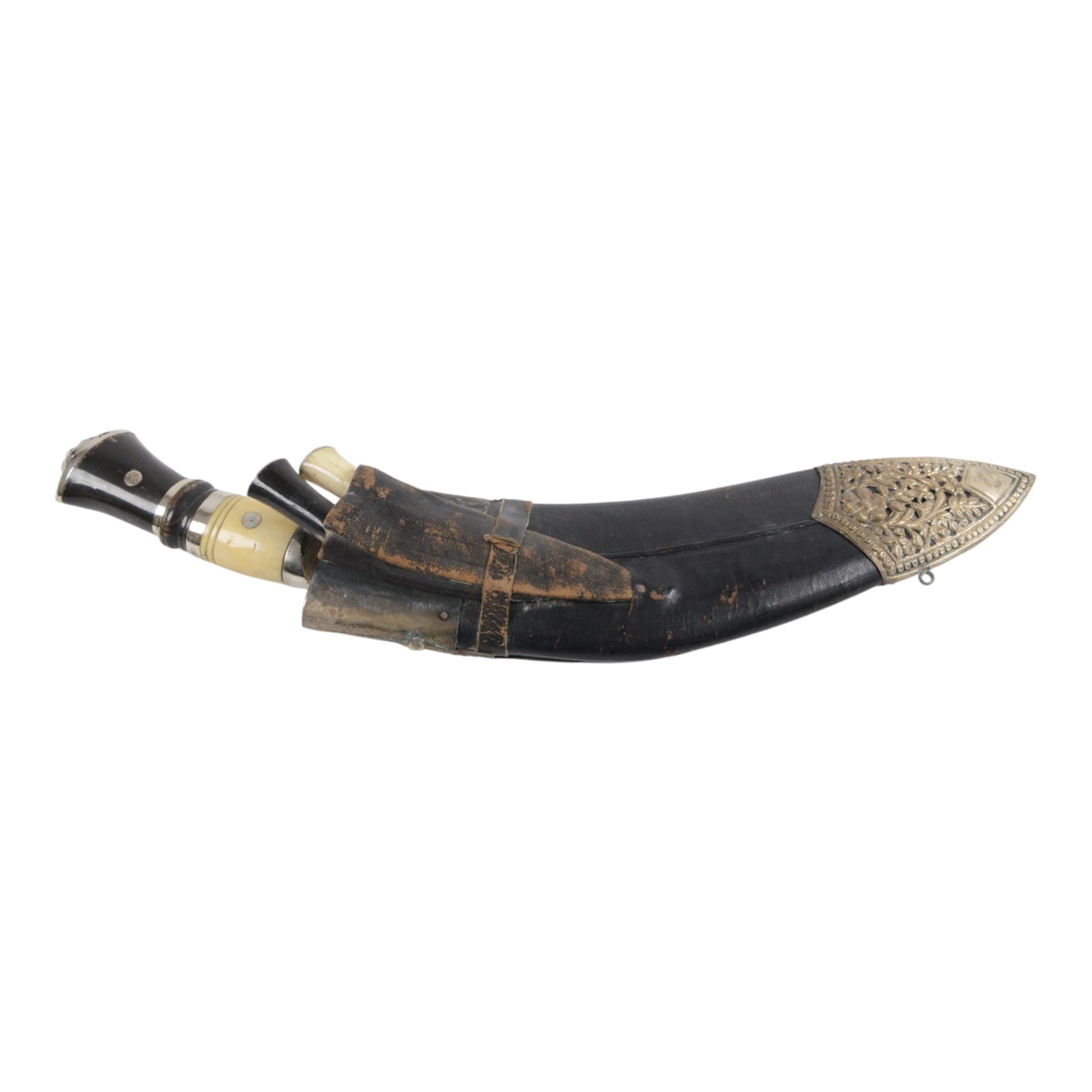 Pair of kukri knives, with with ebonised and bone handles, with two smaller knives, with a leather scabbard with floral silvered decoration, L44cm