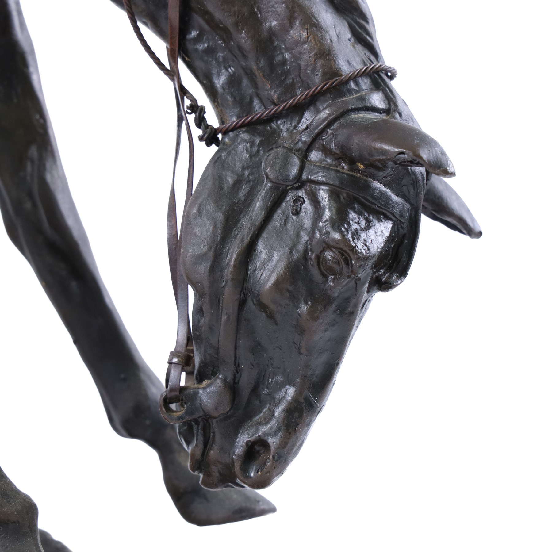 After Frederick Remington; The Mountain Man bronzed spelter figure of a native American trapper upon a marble base with plaque, H72cm