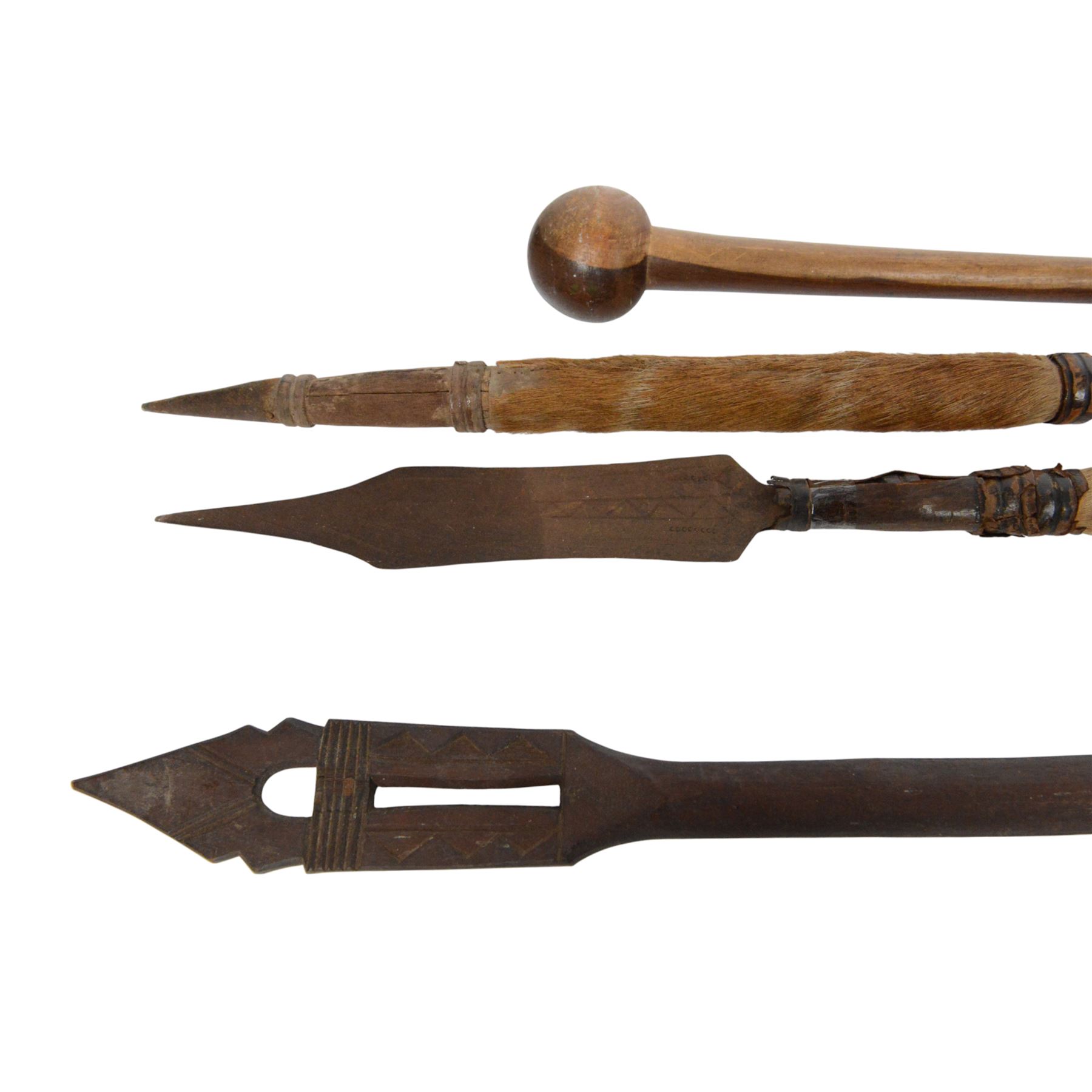 Collection of 19th century and later African spears, paddle and carvings
Provenance: the vendor's grandfather was a Methodist missionary who visited Africa between 1895-1903 and brought these items back on his return to England, paddle L151cm