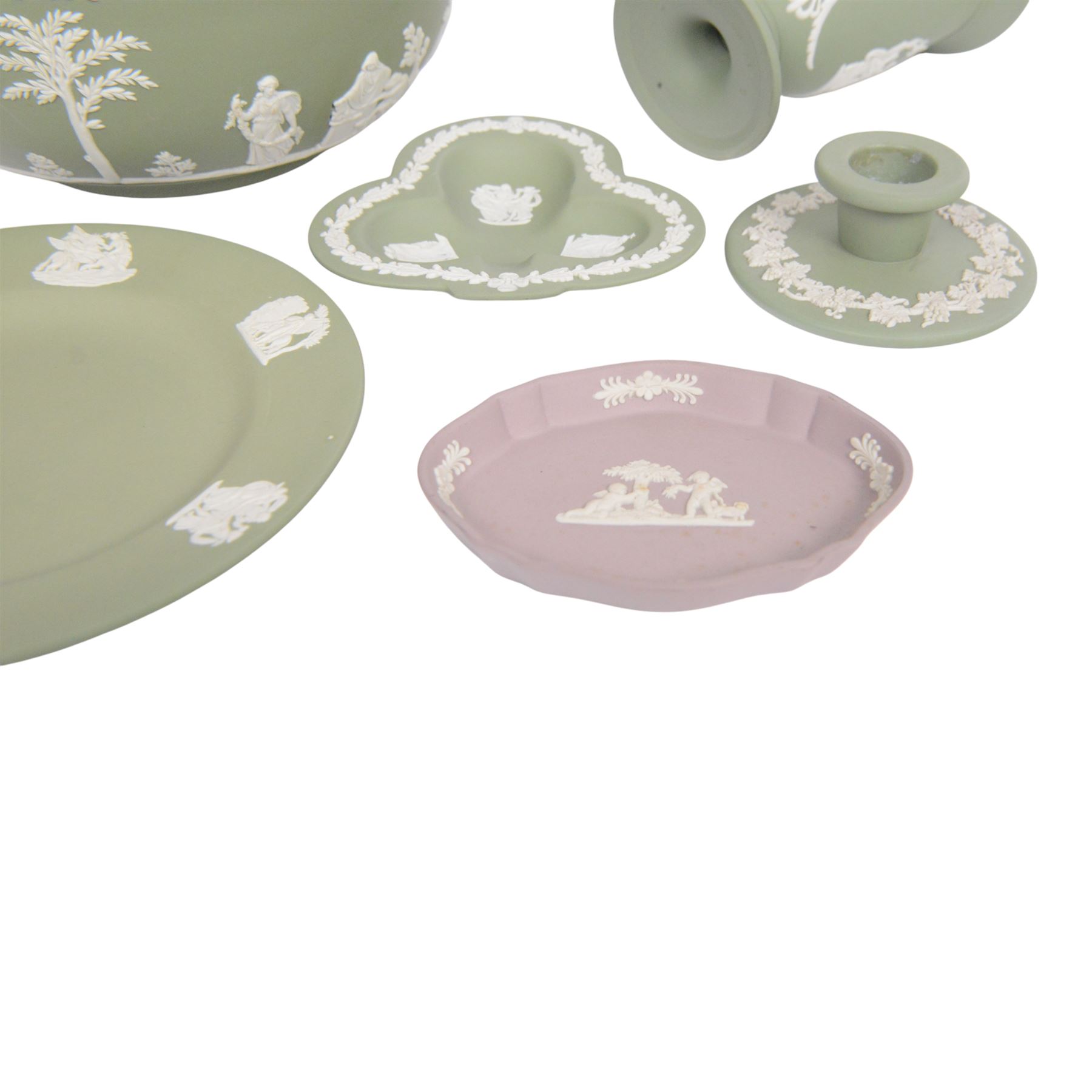 Wedgwood sage green jasperware to include Bowl, vases, covered trinket dish, plate etc