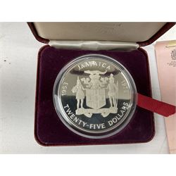 Jamaica 1975 eight coin proof set produced by the Franklin Mint and a Jamaica 1978 sterling silver proof twenty-five dollar coin, both cased with certificates
