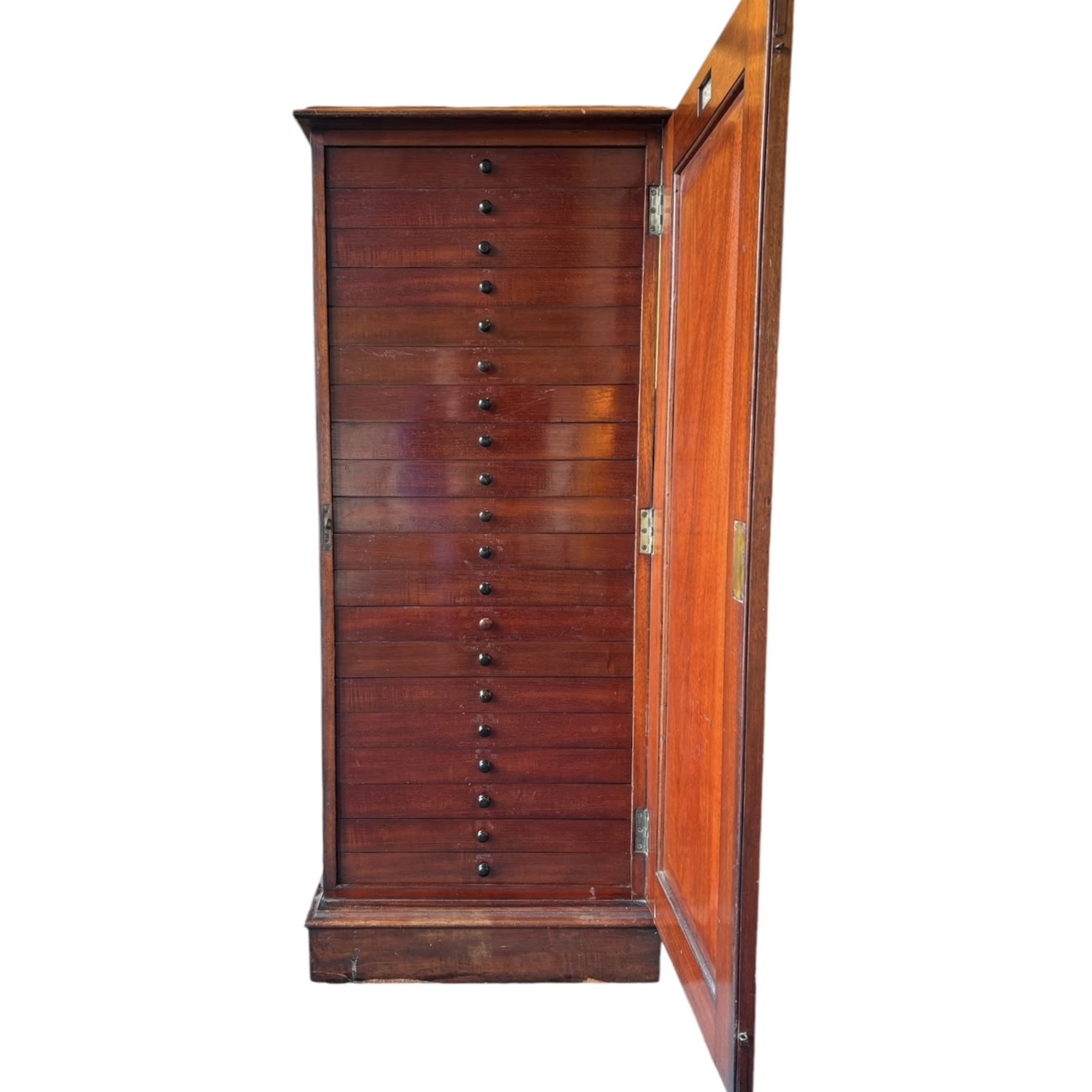 Entomology: Entomology Collectors Cabinet, housing a collection of approximately one thousand moths of the world specimens, a twenty drawer mahogany collectors cabinet, each draw with protective glass cover, enclosed within a fine quality flame mahogany cabinet with single hinged door, inside the door makers label reads 'J. Thorne cabinet maker ... insect cabinet and entomology boxes of every description made on the most improved principles and on the shortest notice', cabinet H122, W51cm D48cm, draw size D41cm, L43cm, H5cm 