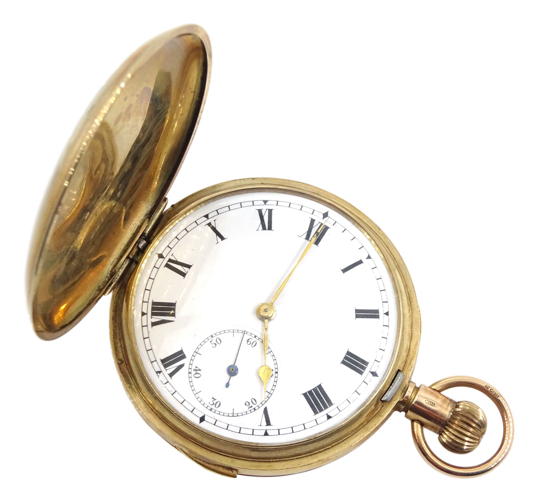 Early 20th century 9ct gold full hunter keyless repeating Swiss lever pocket watch, the back plate engraved 'Brevet 34984', white enamel dial with Roman numerals and subsidiary seconds dial, case by De Pury, Gautschi & Co (George Guillaume Gautschi), London import marks 1912