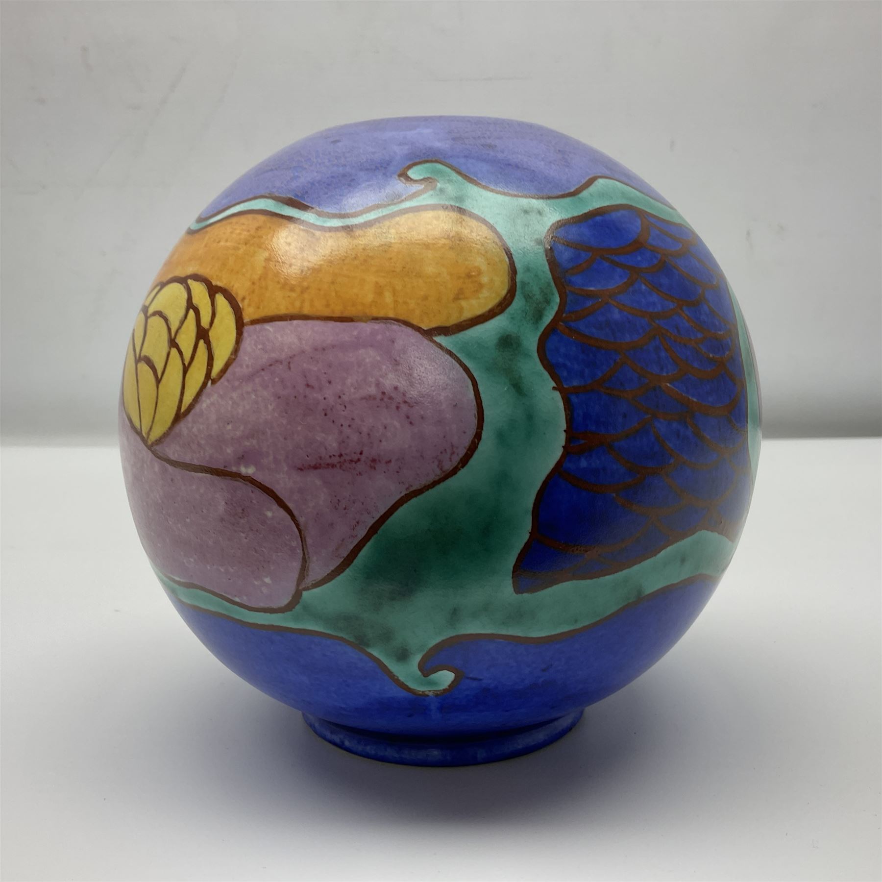 Clarice Cliff Bizarre for Newport Pottery Inspiration Tresco pattern vase, the body of shape 370 globe form painted in yellow, orange, pink, purple, green and blue with stylised island and sea related motifs such as scales and seaweed, with painted and impressed marks beneath, H15cm