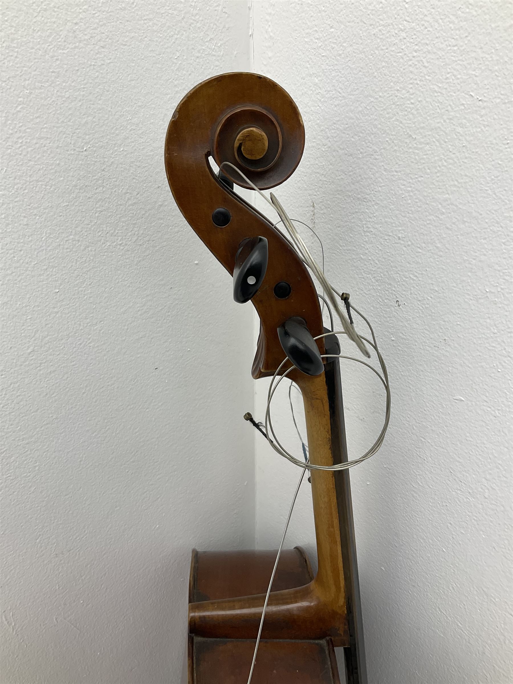 German Saxony three-quarter size cello for restoration, c1920, with 69cm two-piece maple back and ribs and two-piece spruce top, L111cm overall; with bow and canvas carrying case