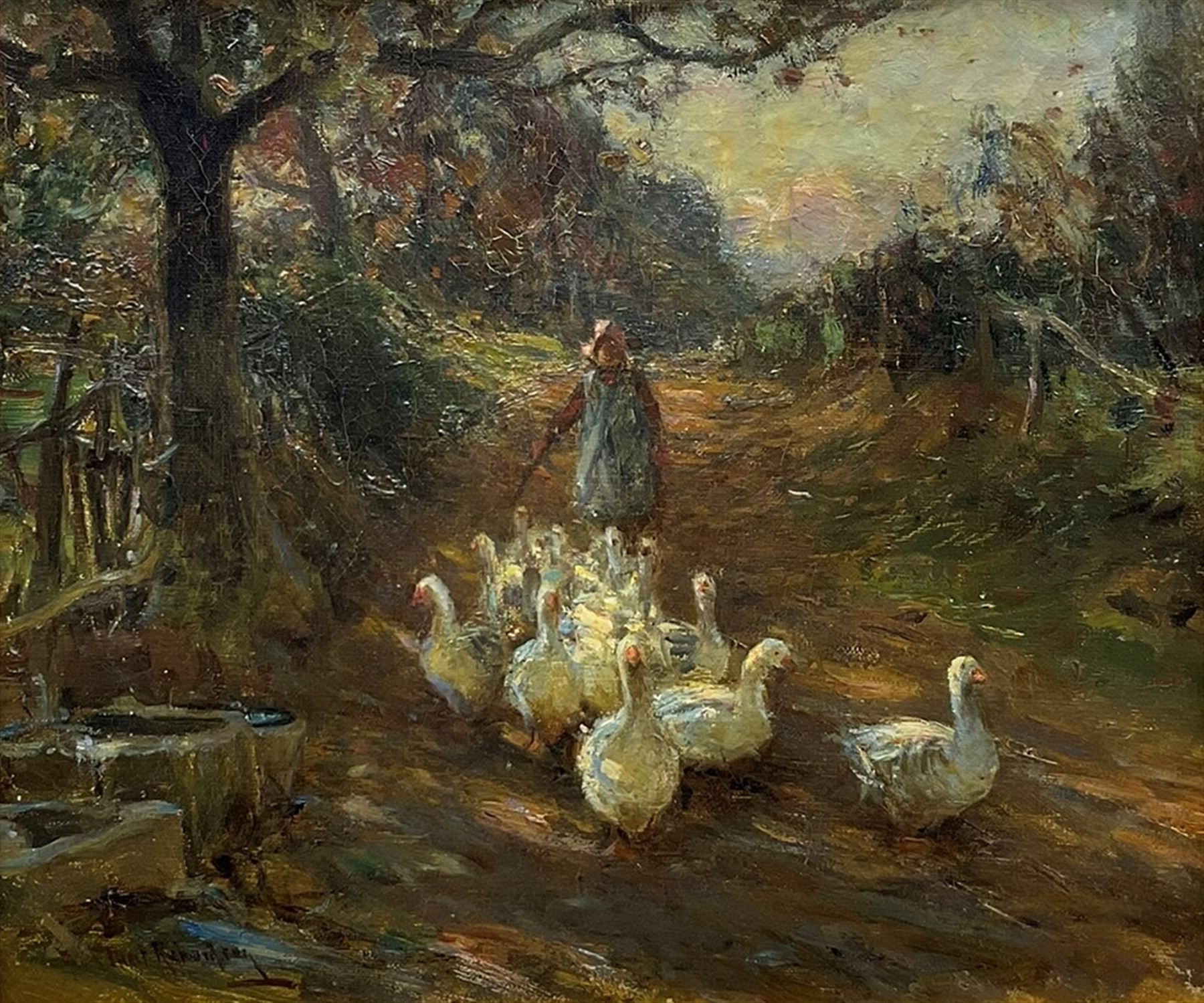 Frederic Stuart Richardson (Staithes Group 1855-1934): The Goose Girl, oil on canvas signed 29cm x 34cm
