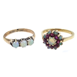  9ct gold opal and garnet cluster ring, hallmarked and 9ct gold (tested)  three stone opal ring  