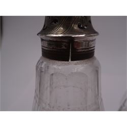 Late 18th century silver cruet stand, of oval form, with pierced sides upon four bun feet, hallmarked to handle Hester Bateman, all other hallmarks indistinct, together with five matched silver mounted cut glass cruet bottles, including some later Victorian examples, hallmarks predominantly indistinct, stand H20cm