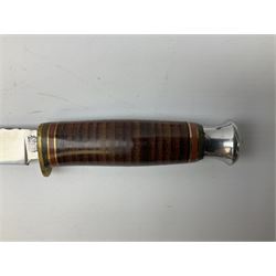 Three hunting knives, each blade marked A. Wright & Sons Sheffield, one with leather handle, one with horn handle and one with antler handle; each with leather sheath (3)