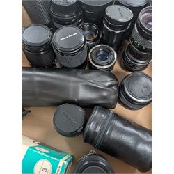 Collection of camera lenses, including and Olympus, Nikon, Sirius, Mamiya, Pentacon, Hanimex etc and Tamron adapters