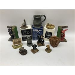 Terry Pratchett Discworld figures, comprising Roderick the hippo, DWE2, a 1995 event piece, Rincewind bookend, DW11, Death bookend, DW12, Librarians wizard knob, boxed, DW55, the luggage, boxed, DW04, tankard from the mended drum, DW21, Teppic the assassin, DW32, Greebo, DW45, Herne the hunted, DW64, Gaspode,  DW31, Quoth on skull, DW49 and Dibbler's compass DW16. 