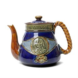 Royal Doulton stoneware Lord Nelson commemorative three piece tea set modelled in low relief with Victory and Nelson portrait with rope twist handles height of tea pot 13cm, Copeland late Spode coffee pot with relief moulded decoration and a similar jug