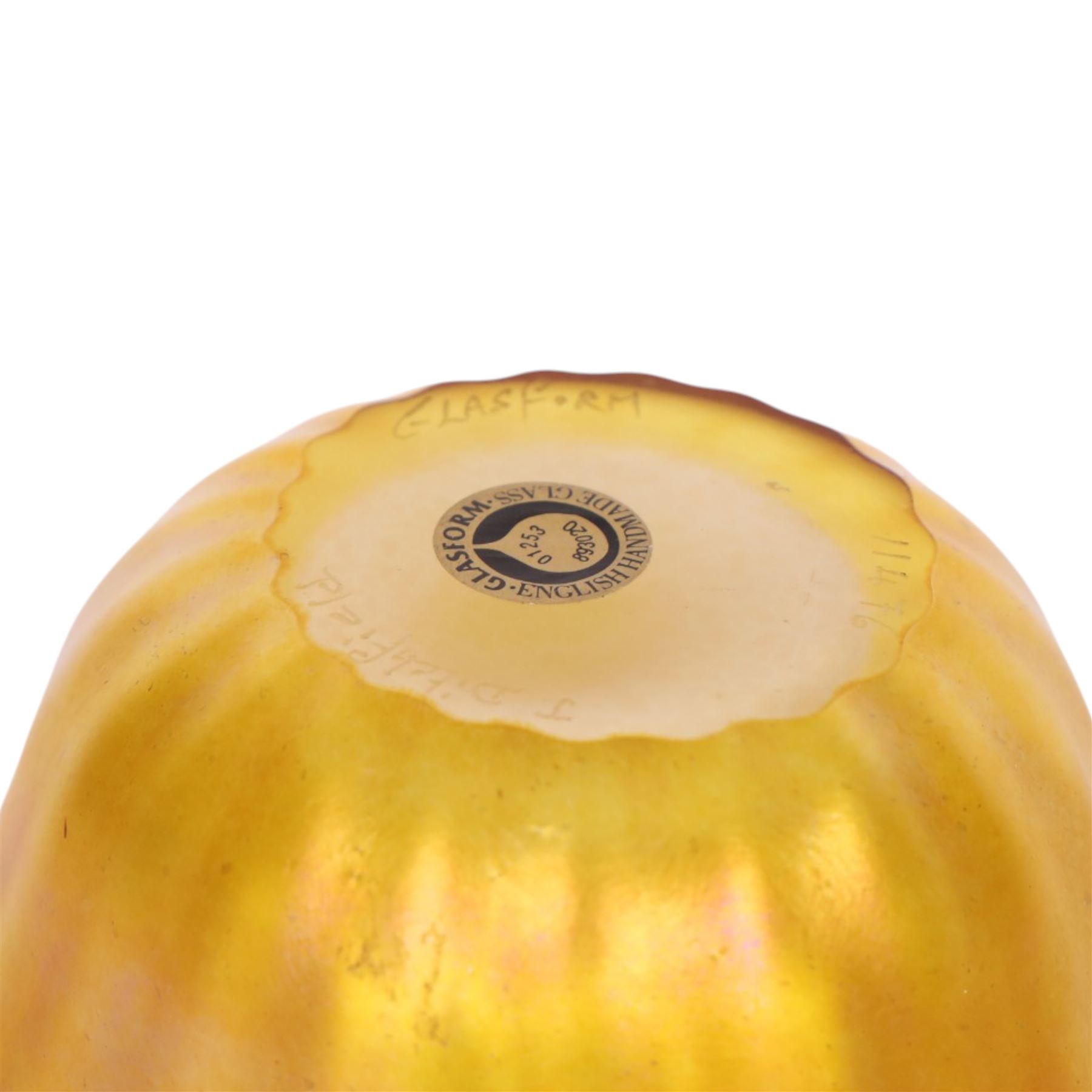 John Ditchfield for Glasform vase, of ovoid from, iridescent yellow, signed beneath, H14cm  