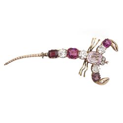 Early 20th century 9ct rose gold pink, white and red paste stone set scorpion brooch