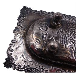 Mid/late 19th century Dutch silver tray, of rectangular form with shaped edge, the oblong dished centre embossed with figural scene, upon four stud feet, marked with lion rampant for 934 purity and export key mark, and hallmarked Samuel Boyce (or Boaz) Landeck, Sheffield 1893, also stamped F for import, L25cm, approximate weight 3.29 ozt (102 grams)
