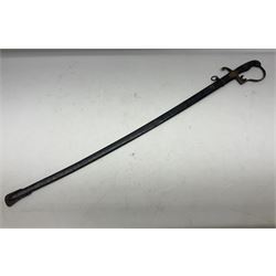 Prussian artillery officer's sword, with 80cm slightly curving fullered  blade, brass hilt with D-shaped langets, curving knucklebow, wire-bound black grip and leather finger loop; in black painted steel scabbard with single suspension loop